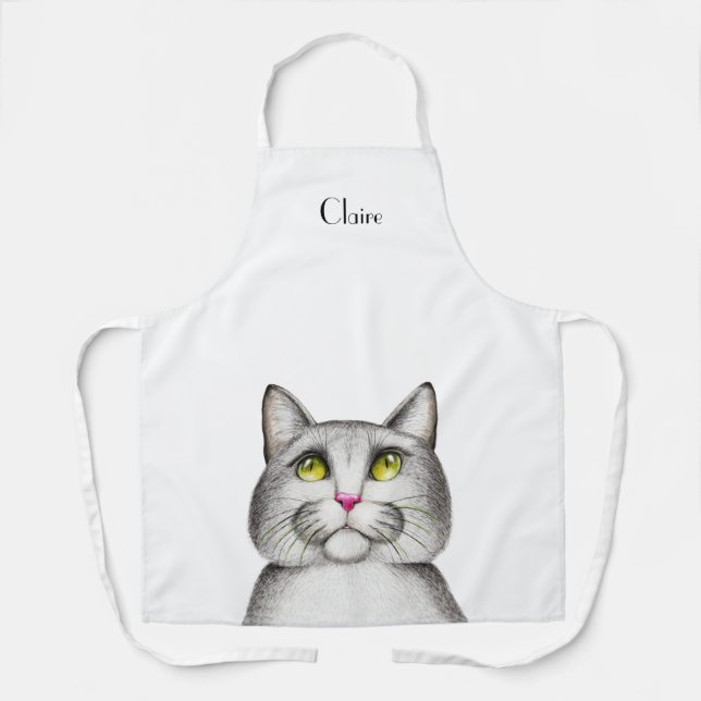 Cute Grey Kitty Cat Personalized Apron (Front)