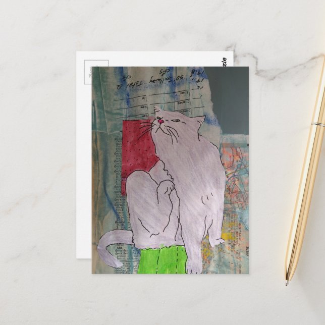 Cute Grey Kitty mixed media collage Postcard (Front/Back In Situ)