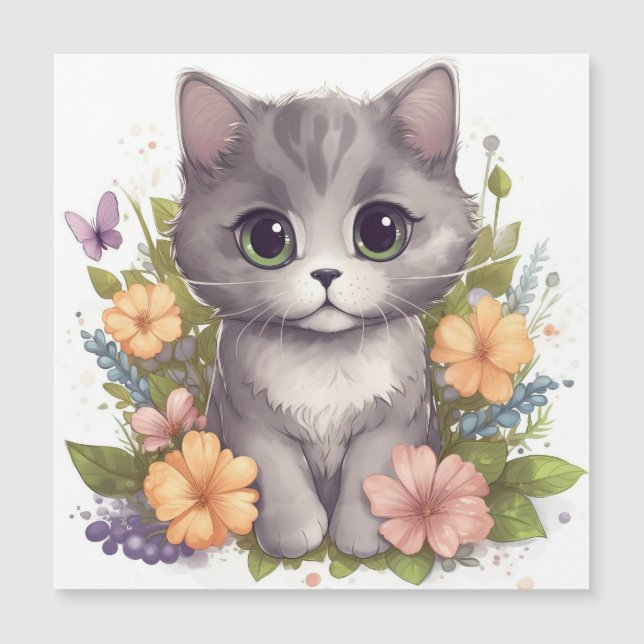 Cute Grey Kitty with Flowers Kawaii Chibi (Front)