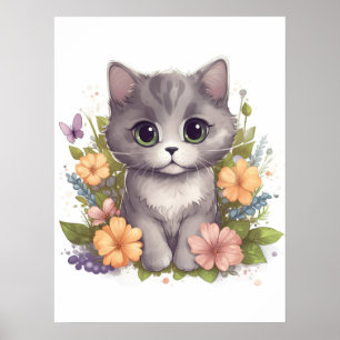 Cute Grey Kitty with Flowers Kawaii Chibi Poster