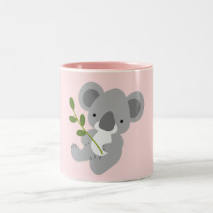 Cute Grey Koala Bear with Green Leaf Two-Tone Coffee Mug