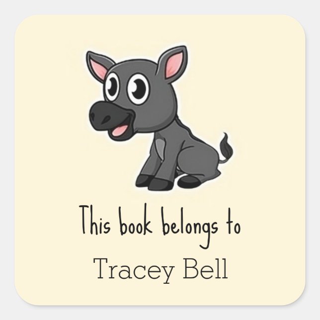 Cute grey little donkey cream square sticker (Front)