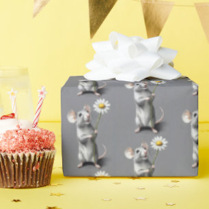 Cute Grey Mouse With White Daisy Wrapping Paper