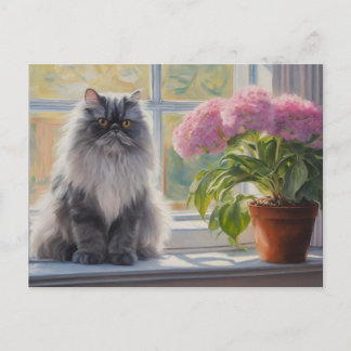 Cute Grey Persian Cat with Pink Flowering Plant  Holiday Postcard