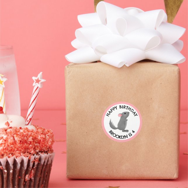 Cute grey pink chinchilla personalized birthday classic round sticker (Party)