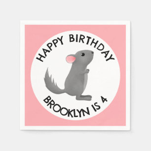 Cute grey pink chinchilla personalized birthday napkin