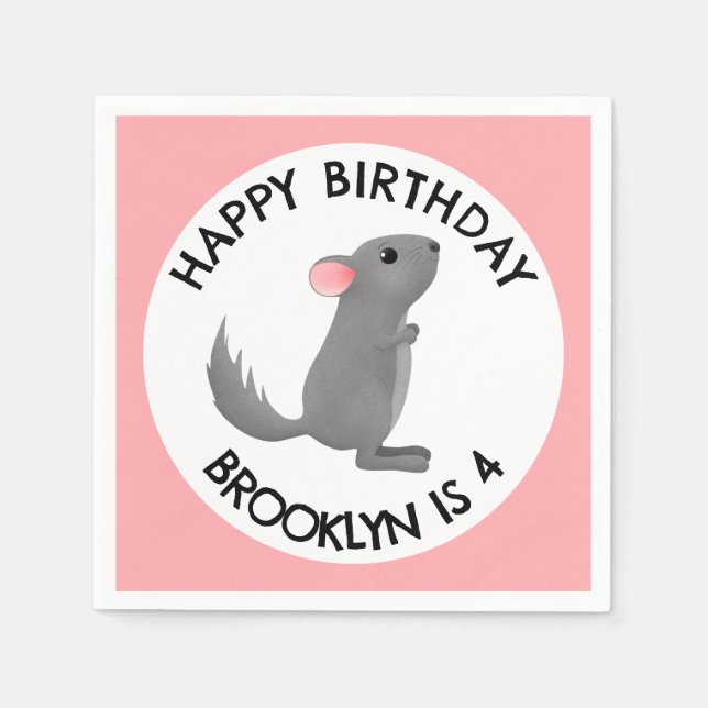 Cute grey pink chinchilla personalized birthday napkin (Front)