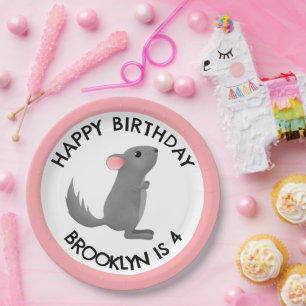 Cute grey pink chinchilla personalized birthday paper plate