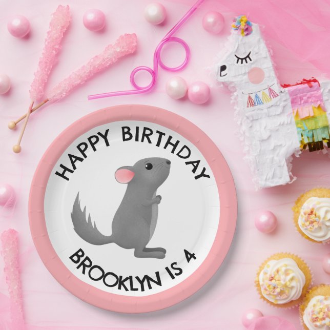 Cute grey pink chinchilla personalized birthday paper plate (Party)
