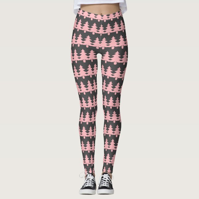Cute Grey Pink Christmas Trees Pattern Womens Leggings (Front)