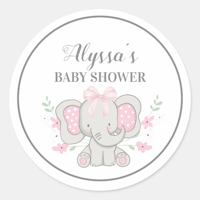 Cute Grey Pink Polka Dot Elephant Baby Girl Shower Classic Round Sticker (Front)