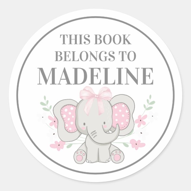 Cute Grey Pink Polka Dot Elephant Bookplate Classic Round Sticker (Front)