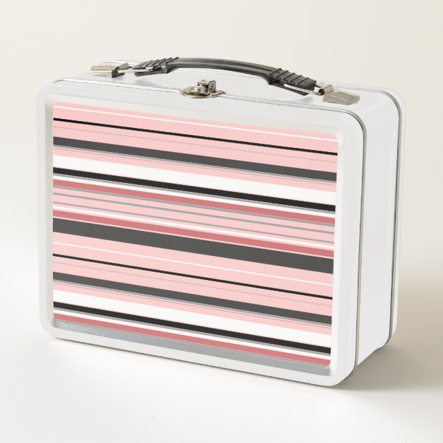 Cute grey pink stripes metal lunch box (Front)