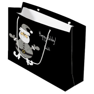 Cute Grey Plaid Santa Holiday Illustration Large Gift Bag