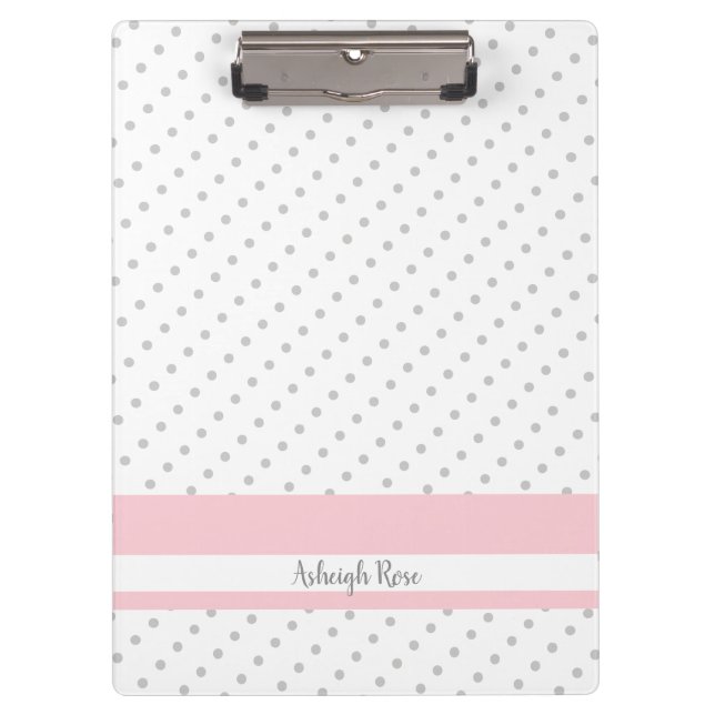 Cute grey polka dots with pink, personalized clipboard (Front)