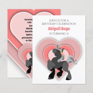 Cute Grey Pony and Pink Hearts Horse Birthday Invitation