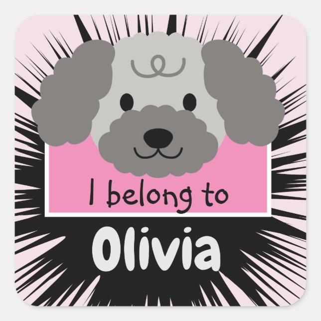 Cute Grey Poodle Buddy with Pink Personalized Square Sticker (Front)