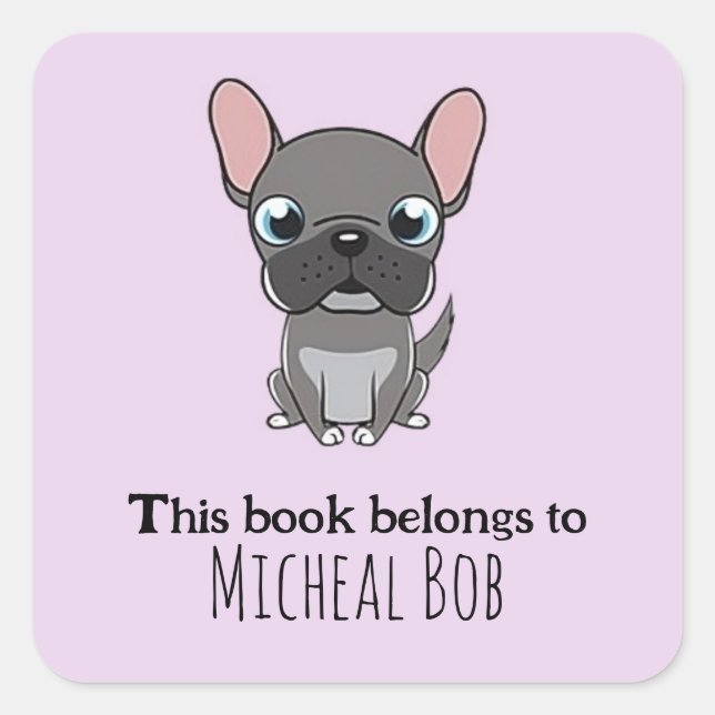 Cute grey pug dog purple square sticker (Front)