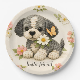 Cute Grey Puppy Floral Butterfly = Paper Plate