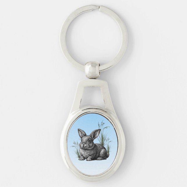 Cute Grey Rabbit against a Blue Sky Keychain (Front)