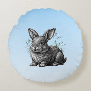 Cute Grey Rabbit against a Blue Sky Round Pillow