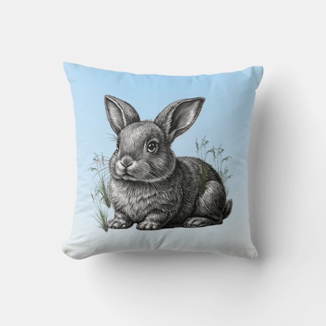 Cute Grey Rabbit against a Blue Sky Throw Pillow (Front)