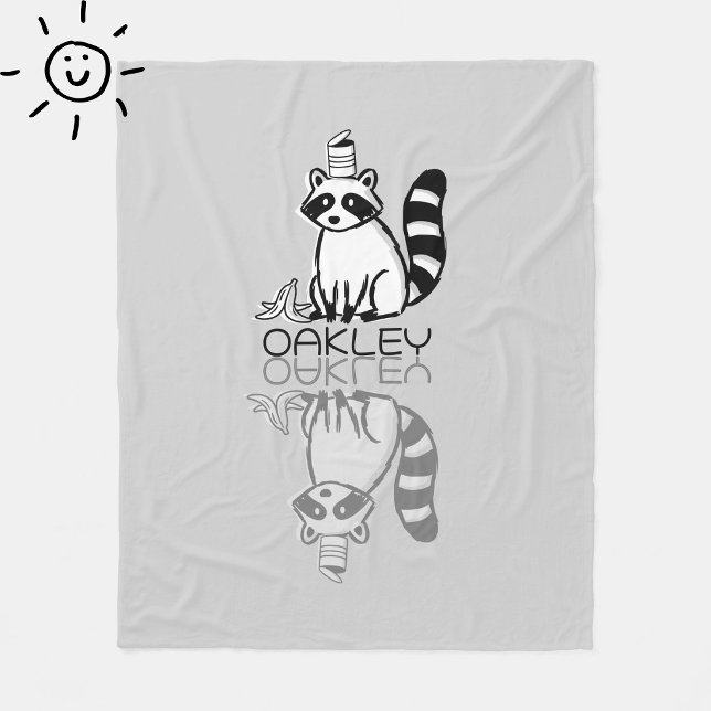 Cute Grey Raccoon Reflection Doodle Custom Name Fleece Blanket (Creator Uploaded)