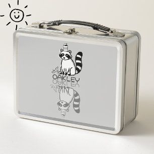 Cute Grey Raccoon Reflection Doodle Custom Name Metal Lunch Box