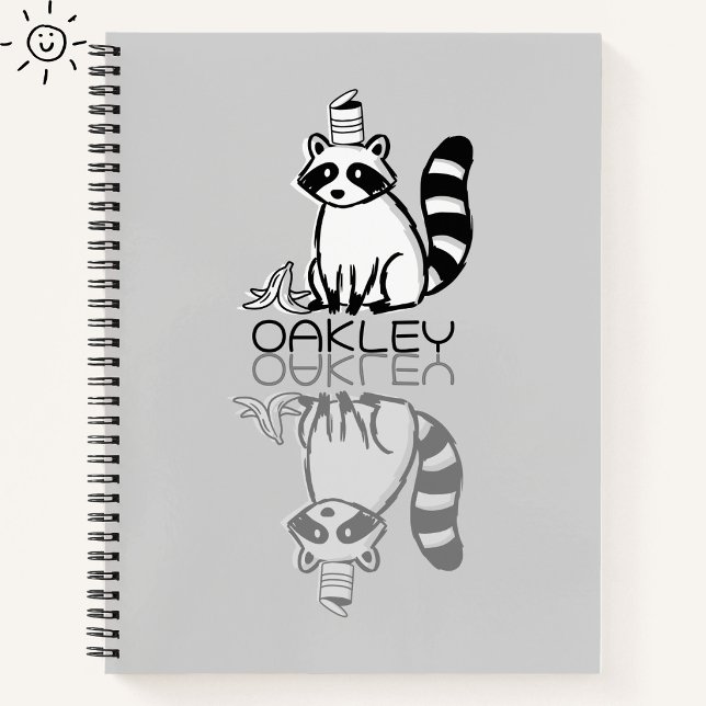 Cute Grey Raccoon Reflection Doodle Custom Name Notebook (Creator Uploaded)