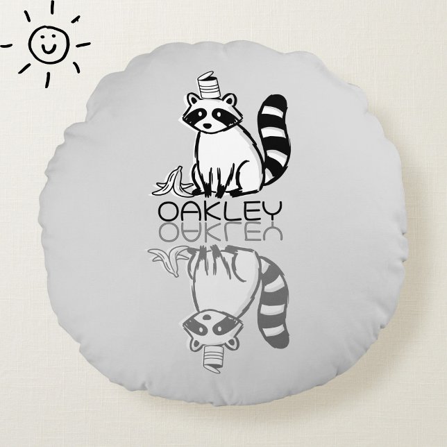 Cute Grey Raccoon Reflection Doodle Custom Name Round Pillow (Creator Uploaded)