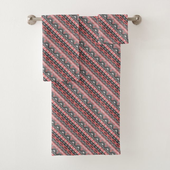 Cute grey red aztec pattern design bath towel set (Insitu)