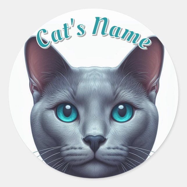 Cute Grey Shorthaired Cat • Personalized Classic Round Sticker (Front)