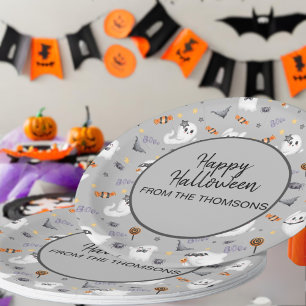 Cute Grey Spooky Ghost Halloween Pattern  Paper Plate
