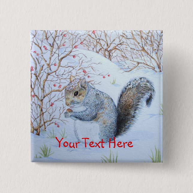 cute grey squirrel snow scene wildlife 2 inch square button (Front)