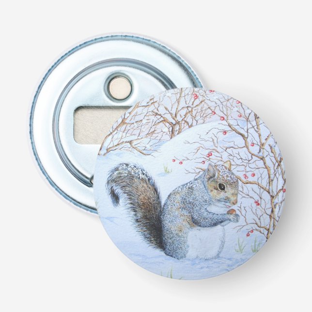 cute grey squirrel snow scene wildlife art bottle opener (Front)