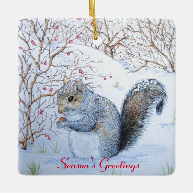 cute grey squirrel snow scene wildlife art ceramic ornament (Front)