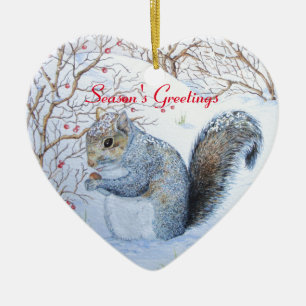 cute grey squirrel snow scene wildlife art ceramic ornament
