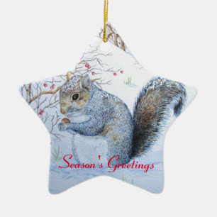 cute grey squirrel snow scene wildlife art ceramic ornament
