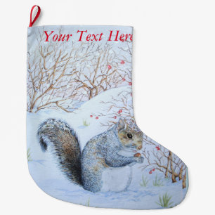 cute grey squirrel snow scene wildlife  large christmas stocking
