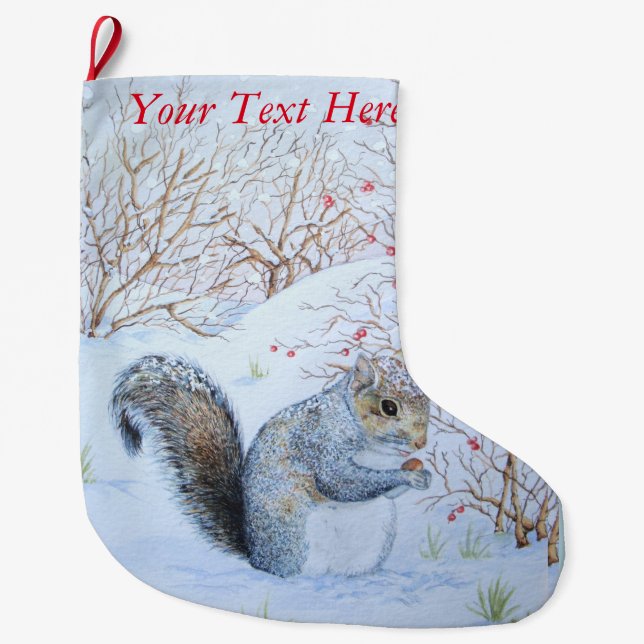 cute grey squirrel snow scene wildlife  large christmas stocking (Front)