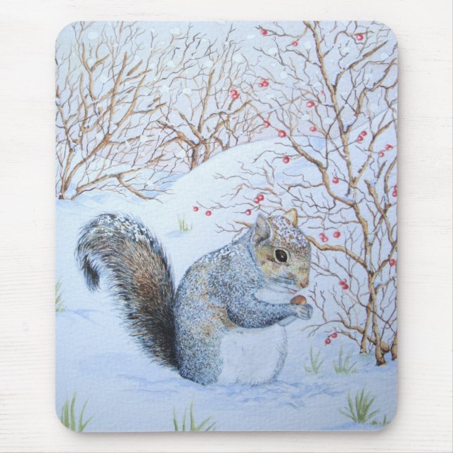 cute grey squirrel snow scene wildlife mouse pad (Front)