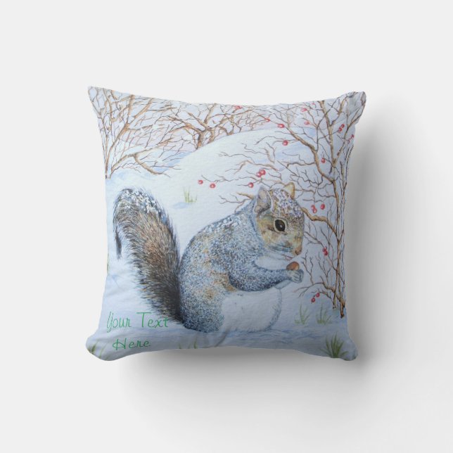 cute grey squirrel snow scene wildlife throw pillow (Front)