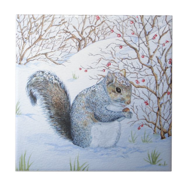 cute grey squirrel snowscene wildlife at christmas tile (Front)