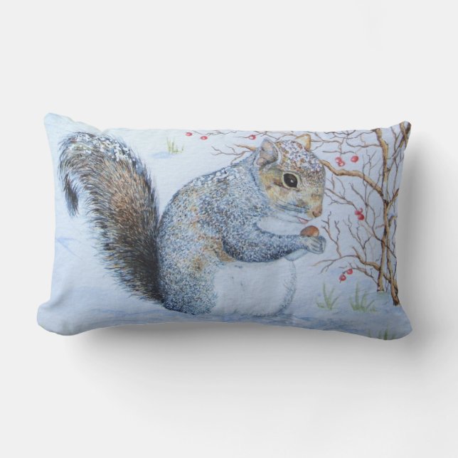 cute grey squirrel winter snow scene wildlife lumbar pillow (Front)