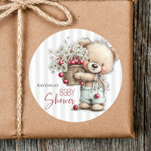 Cute Grey Stripes Teddy Daisy Cherry Baby Shower Classic Round Sticker