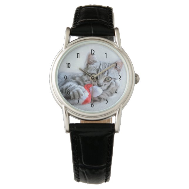 Cute Grey Tabby Cat Christmas Hat Xmas Watch (Front)
