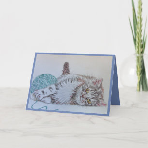 Cute Grey Tabby Cat Kitten Art Blue Greetings Card