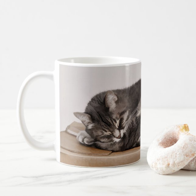 Cute Grey Tabby Cat Sleeping On Box Coffee Mug (With Donut)