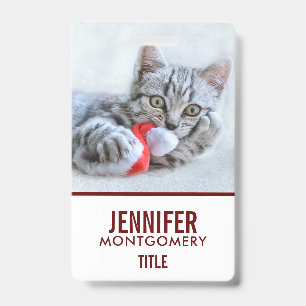 Cute Grey Tabby Cat w/ Christmas Hat Xmas Badge