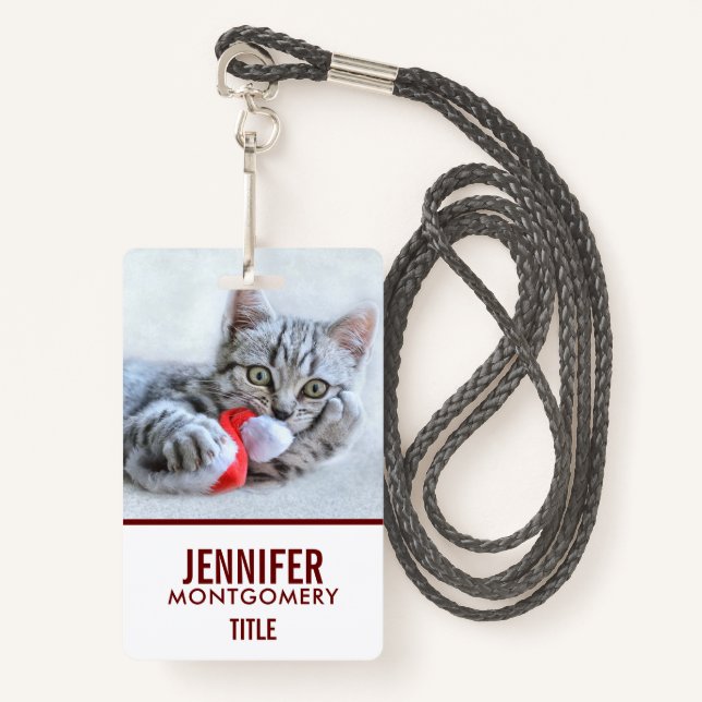 Cute Grey Tabby Cat w/ Christmas Hat Xmas Badge (Front with Lanyard)